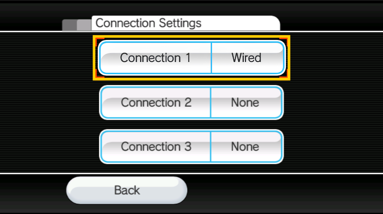 Wii Connection Settings menu displaying three connection slots, with the "Connection 1 - Wired" option highlighted inside a yellow box.