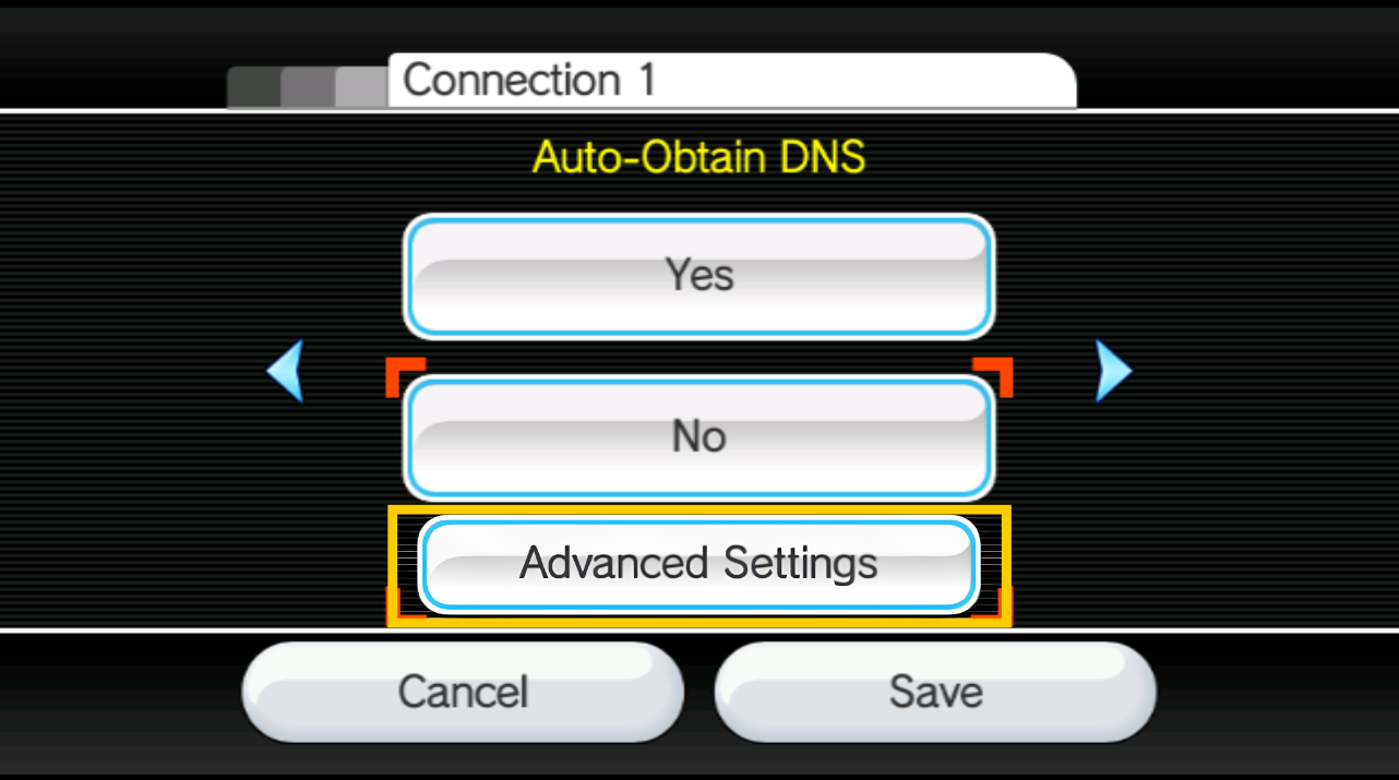 Wii Auto-Obtain DNS menu with the "Advanced Settings" button highlighted inside a yellow box.