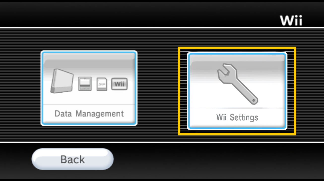Wii Settings menu displaying Data Management and Wii Settings options, with the "Wii Settings" wrench icon highlighted inside a yellow box.