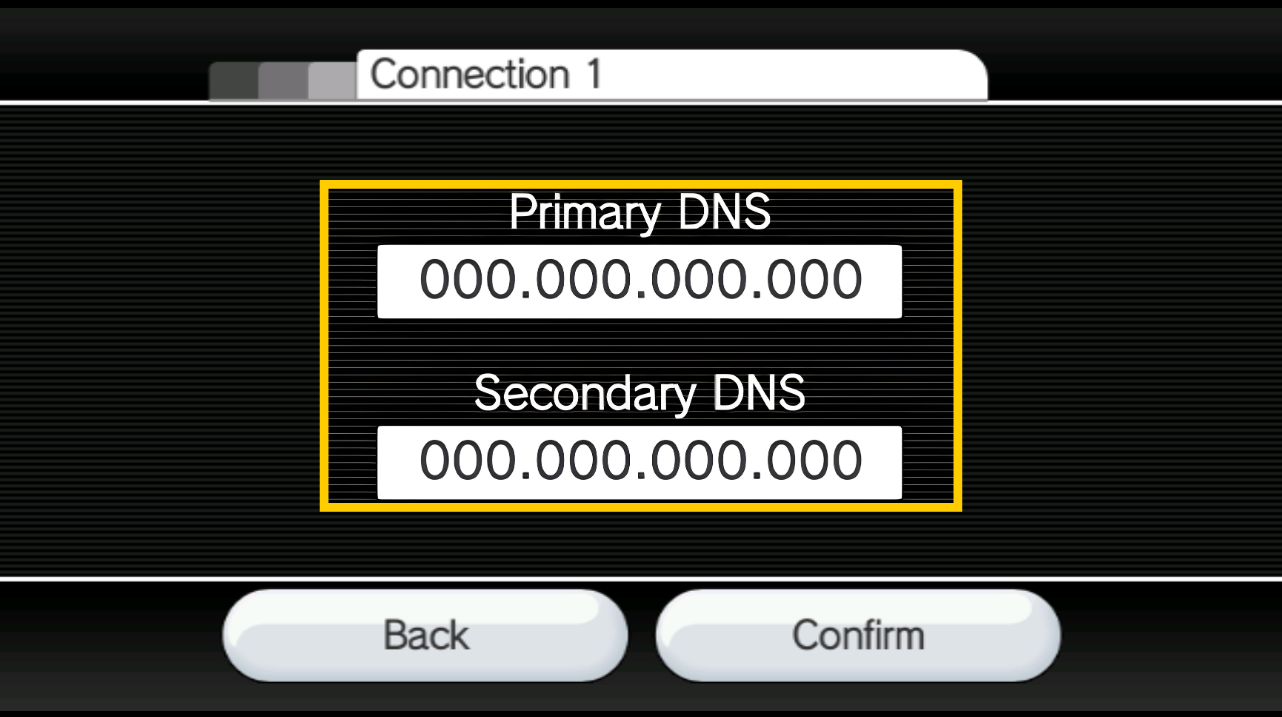 Wii manual DNS configuration screen showing fields for Primary DNS and Secondary DNS enclosed in a yellow box above the "Back" and "Confirm" buttons.