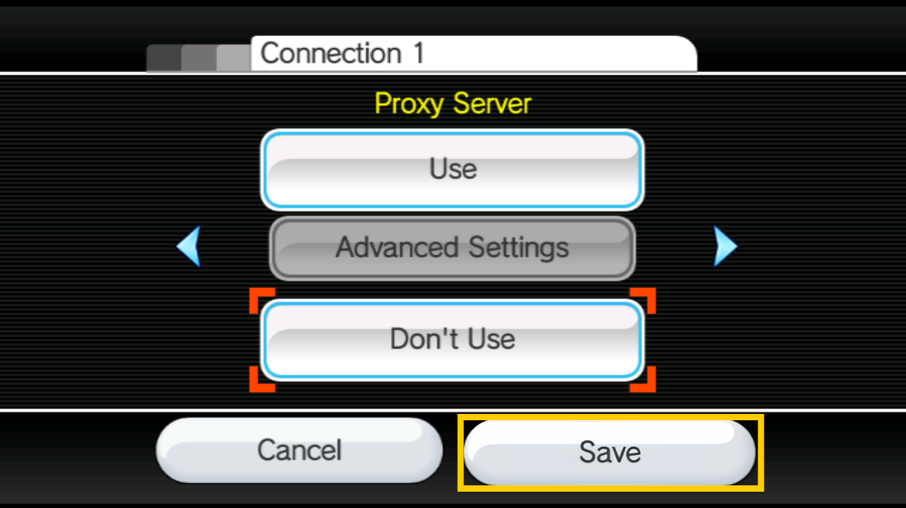 Wii Proxy Server configuration screen showing "Use" and "Don't Use" settings, with the "Save" button at the bottom right highlighted inside a yellow box.