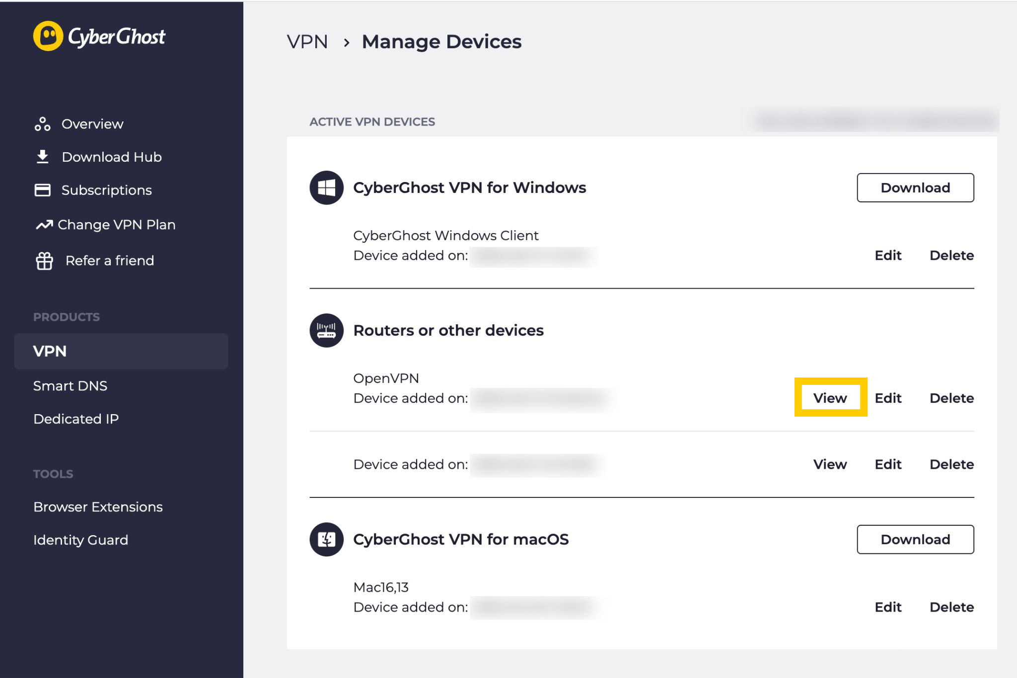 CyberGhost VPN settings showing the "View" option highlighted for routers or other devices.