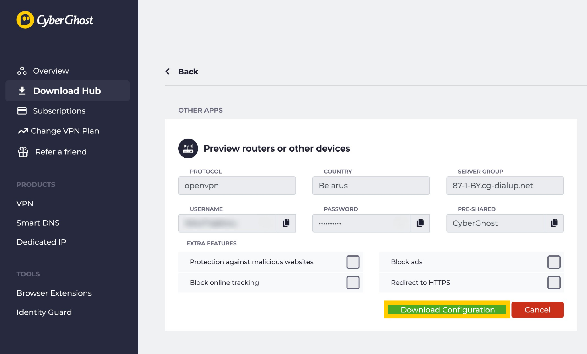 CyberGhost settings showing the "Download Configuration" option highlighted.