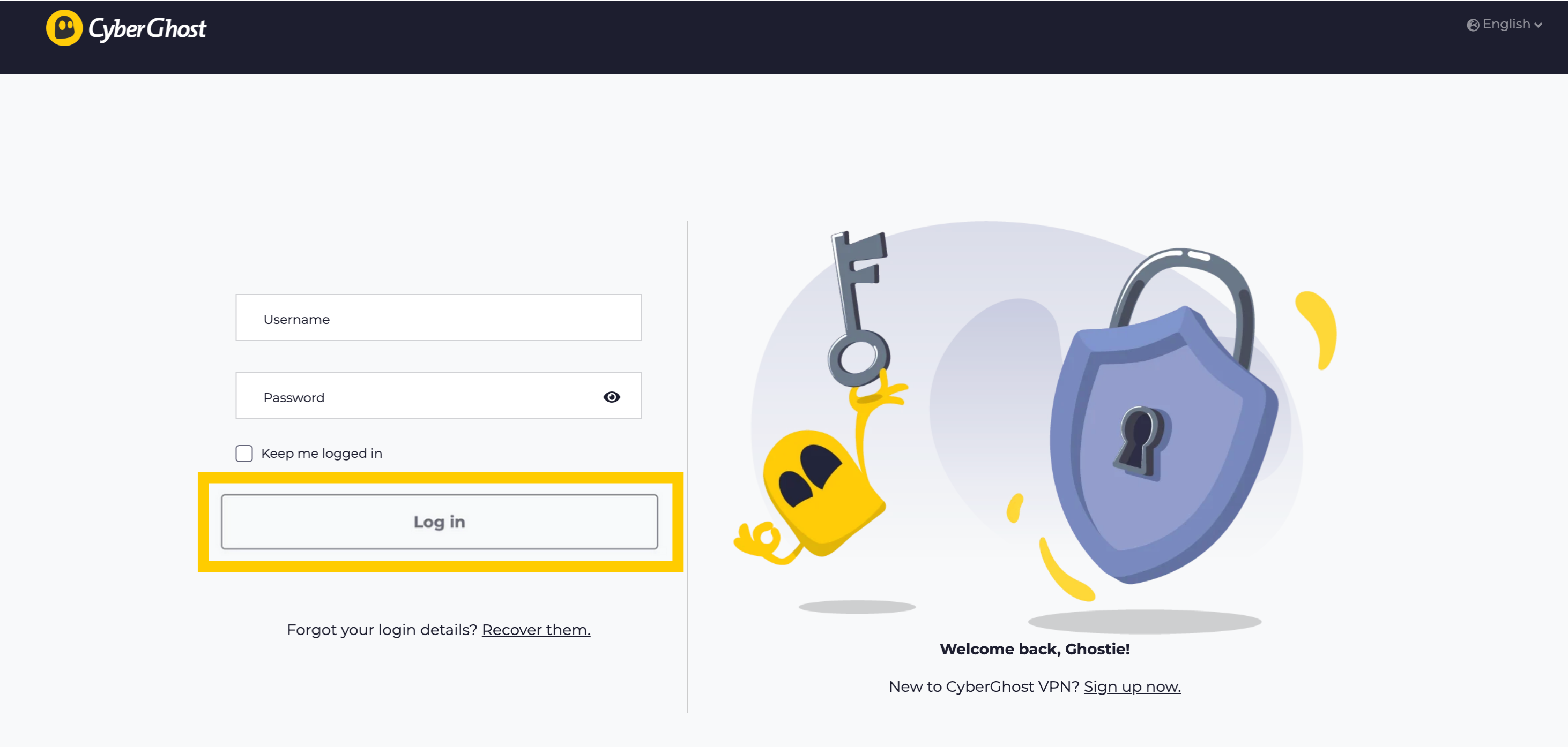CyberGhost login screen showing the "Log In" option highlighted.