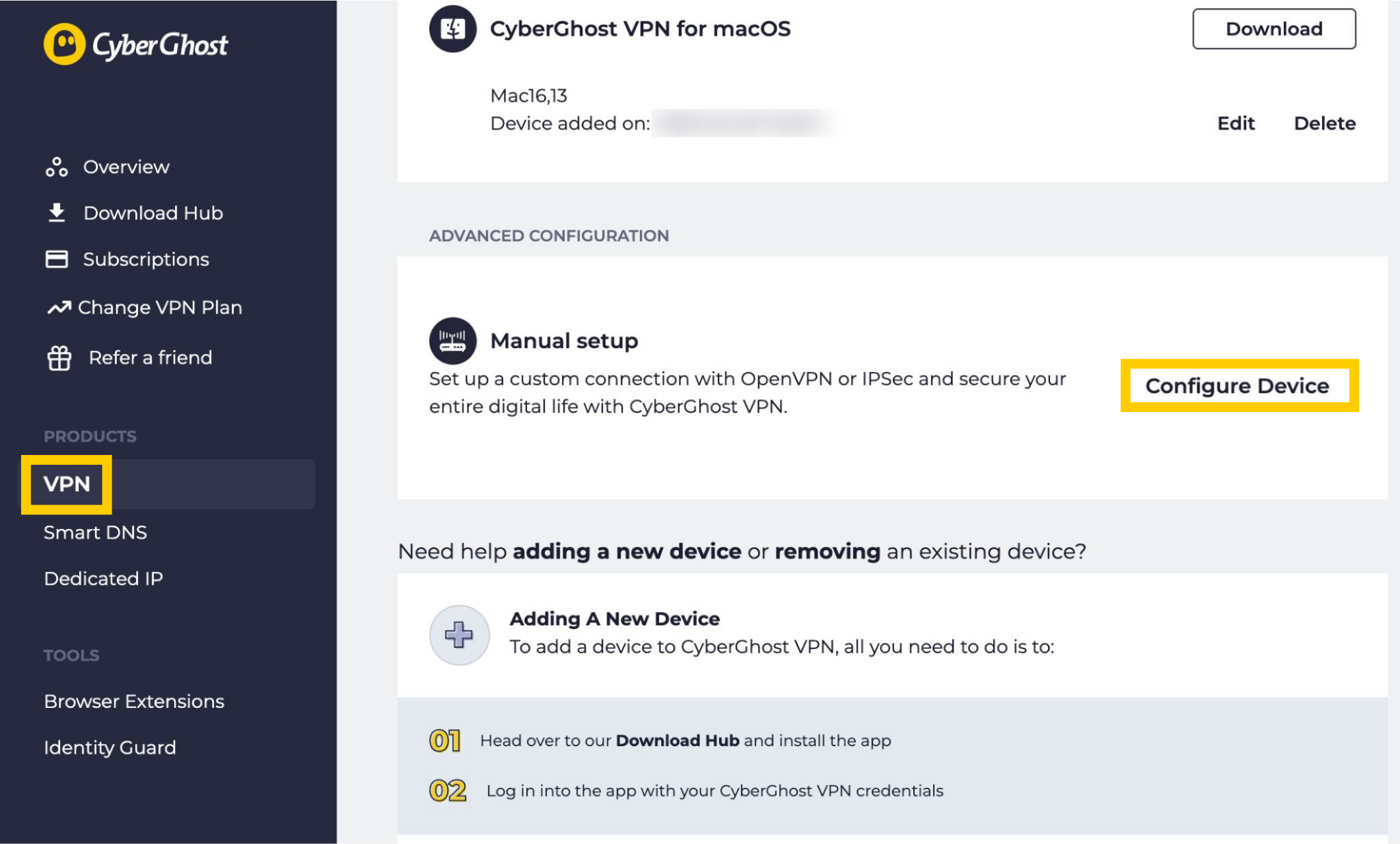CyberGhost "VPN" and "Configure Device" options highlighted in the main dashboard.
