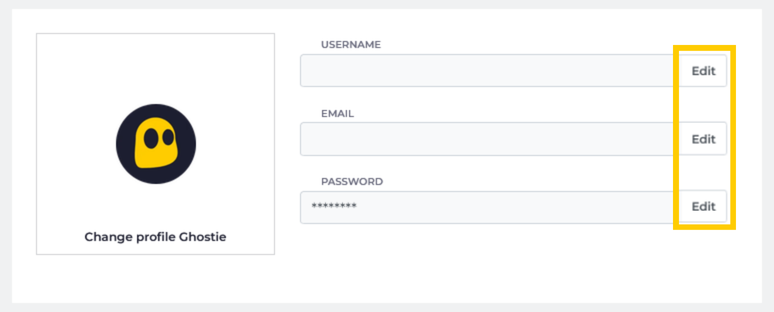 CyberGhost VPN account settings showing the section for changing one's username, email, and password with the Edit buttons highlighted.