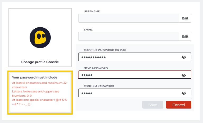 CyberGhost VPN account settings showing the section for changing the account password with the password requirements highlighted.