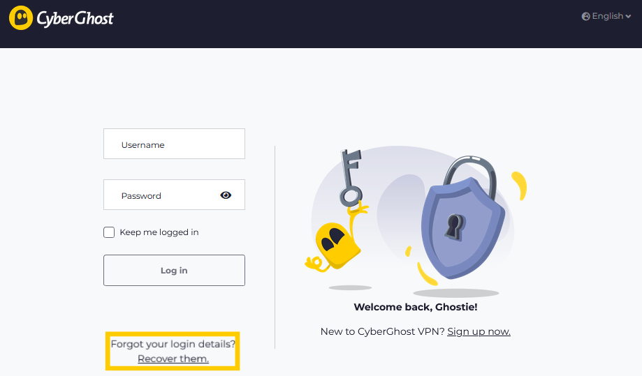 CyberGhost VPN account login page with the "Forgot your login details?" section highlighted.