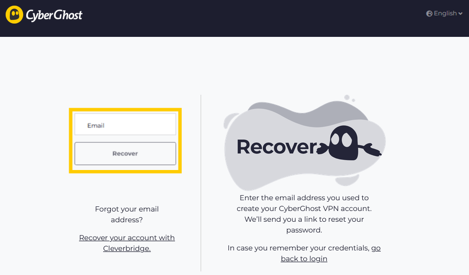 CyberGhost VPN password recovery page with the textbox for the recovery email and the Recover button highlighted.