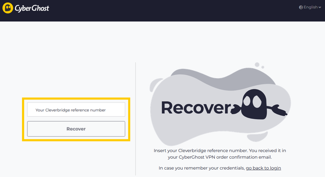 CyberGhost VPN page for recovering an account using Cleverbridge with the textbox for the Cleverbridge reference number and the Recover button highlighted.