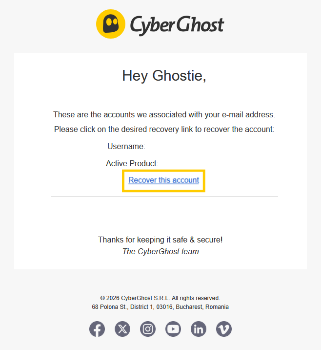 CyberGhost VPN password recovery email with the "Recover this account" link highlighted.