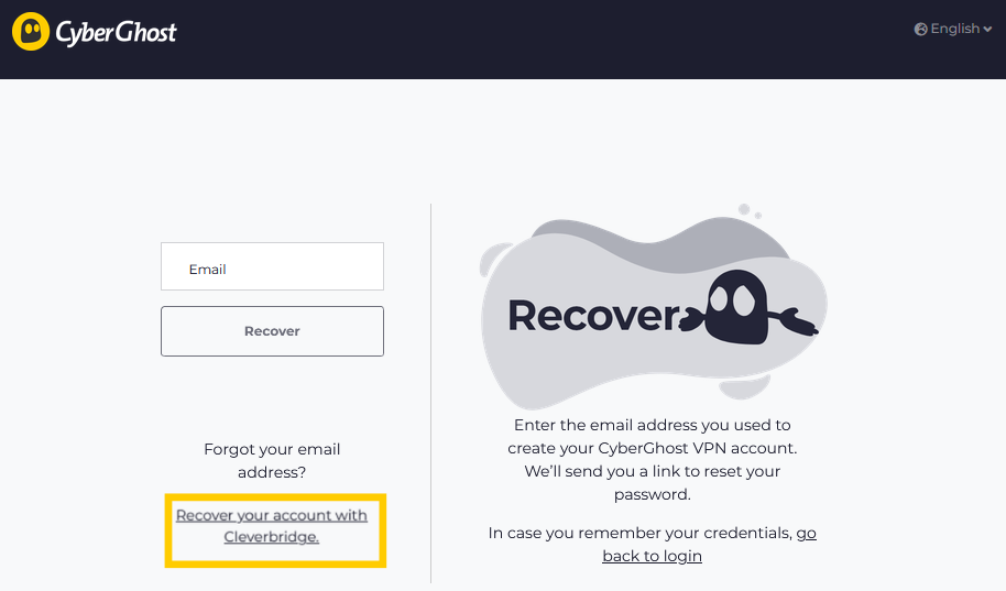 CyberGhost VPN password recovery page with the section for "Recover your account with Cleverbridge" highlighted.