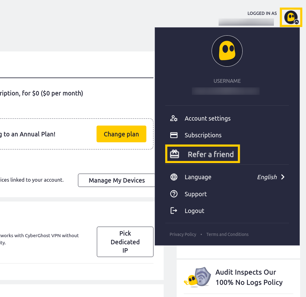 CyberGhost dashboard showing the profile icon in the top-right corner and the "Refer a friend" option highlighted.