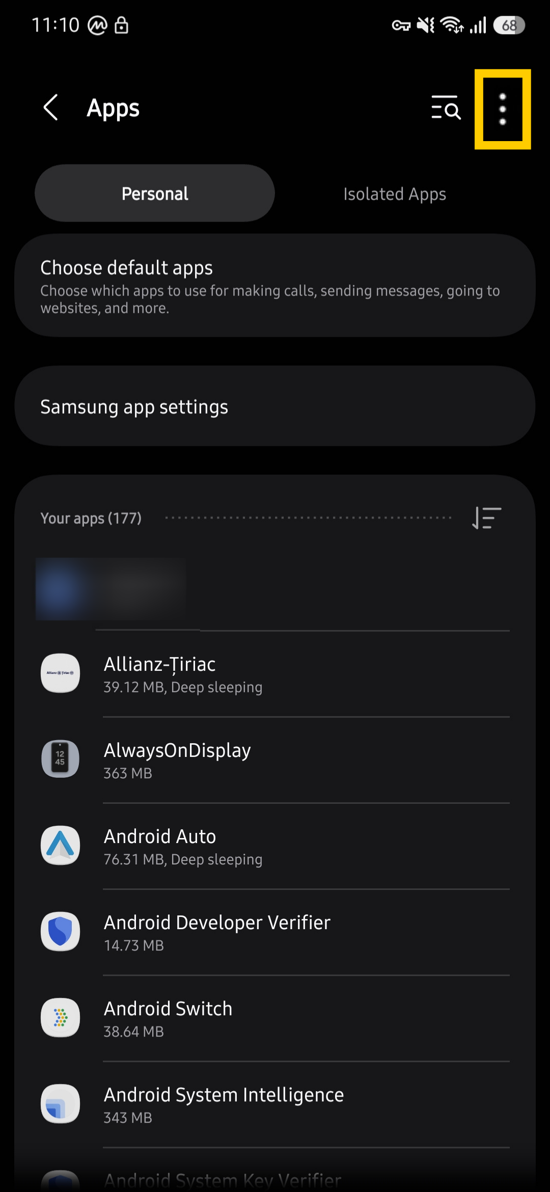 Samsung settings showing the three-dot icon highlighted in the top-right corner.