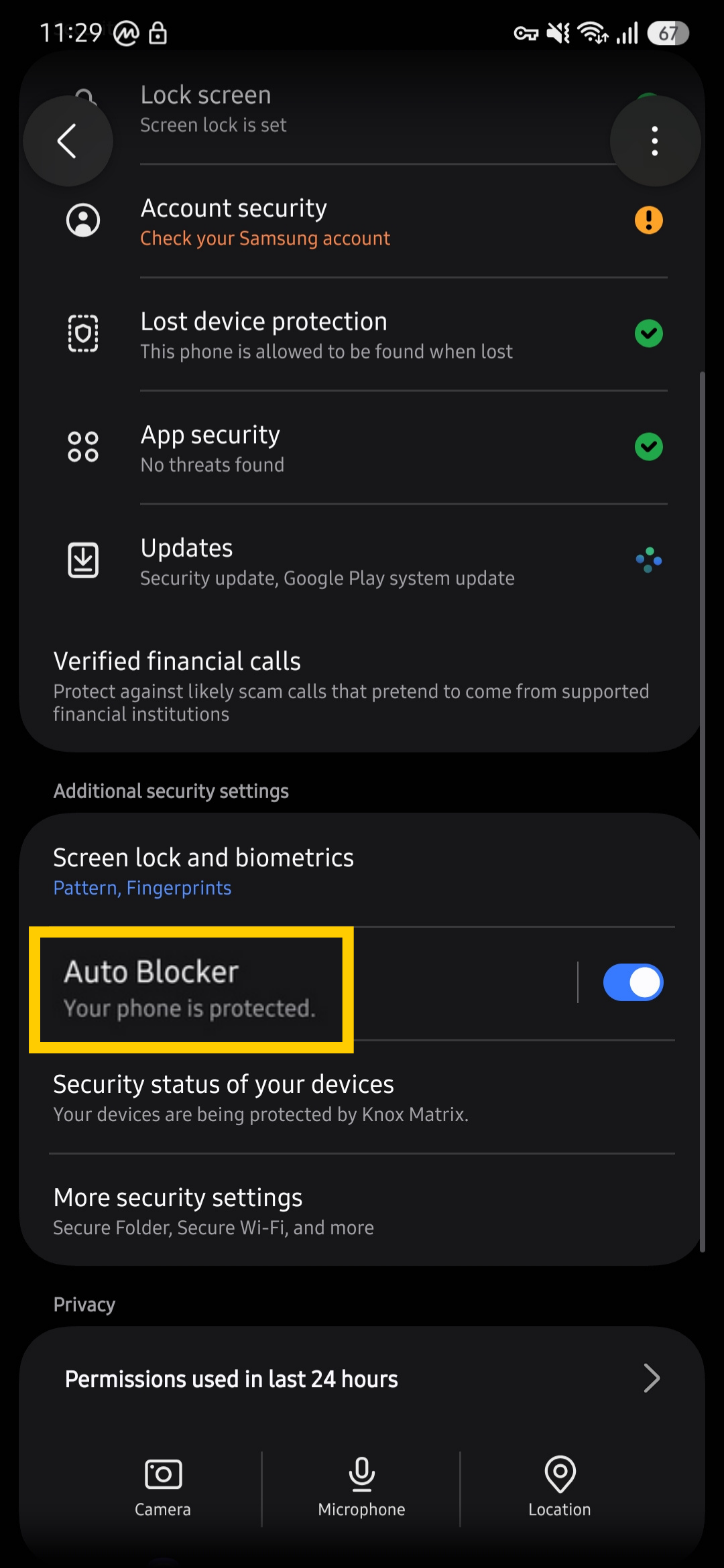 Android settings showing the "Auto Blocker" option highlighted.