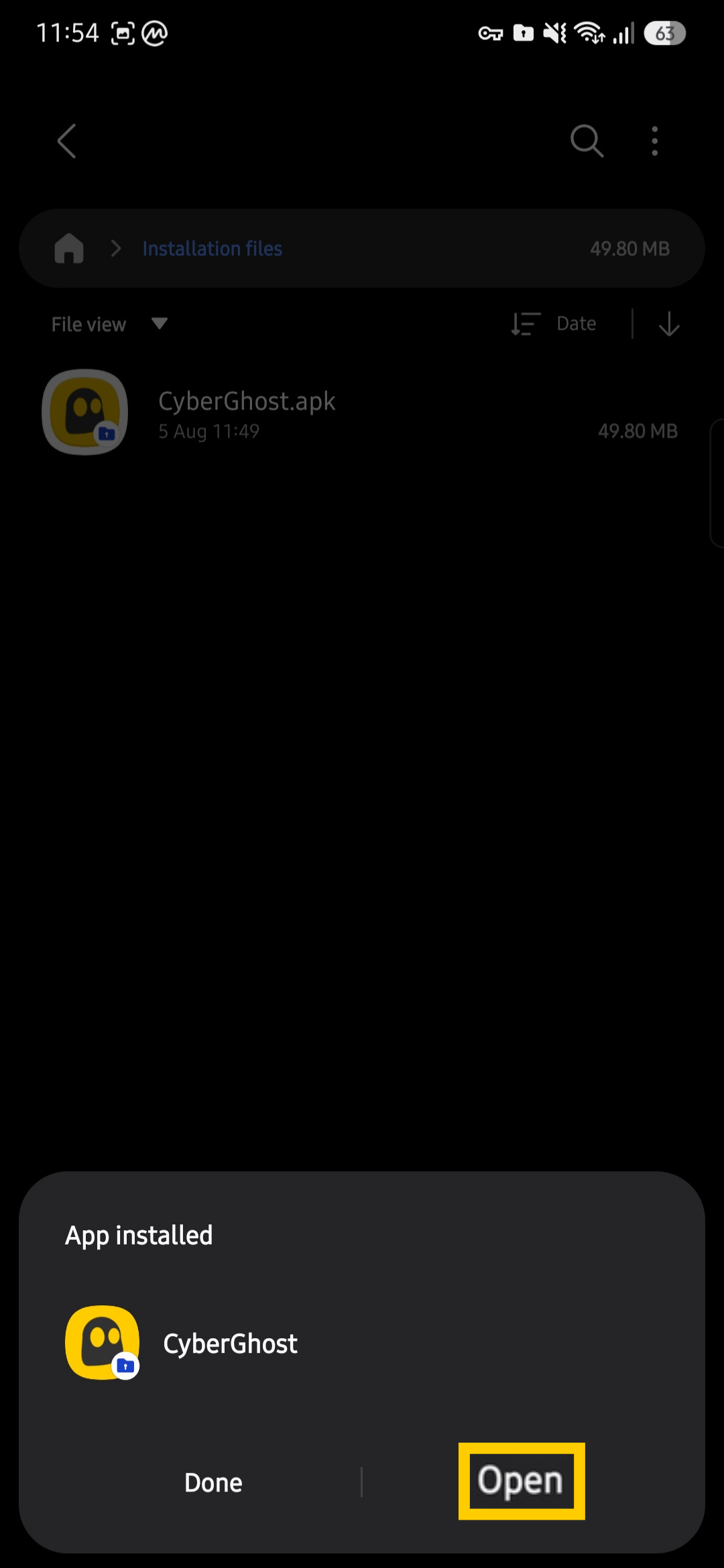 "Open" option highlighted for the CyberGhost APK file.