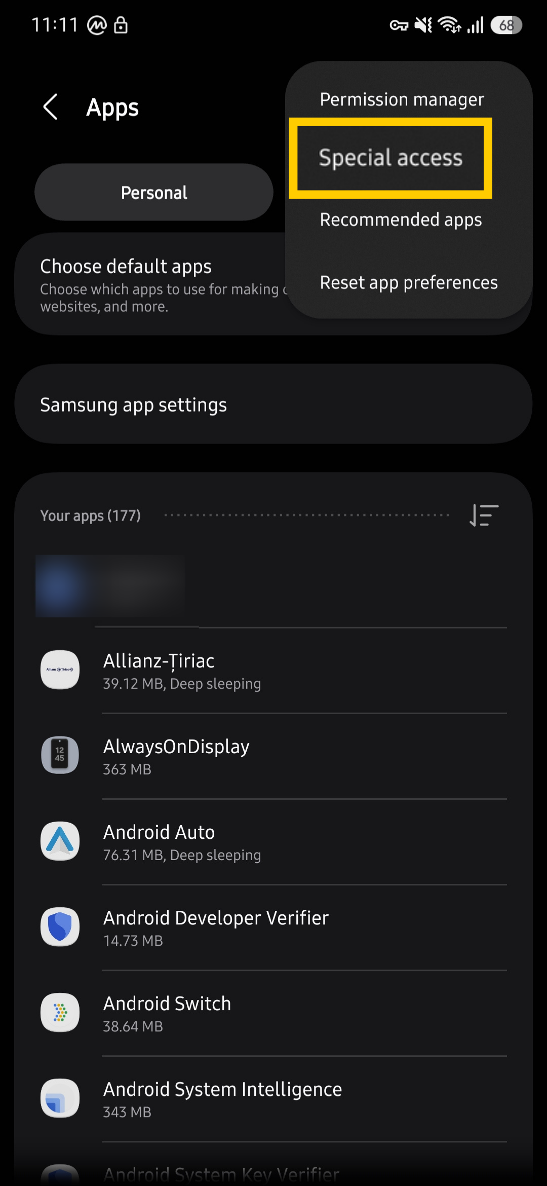 Android app settings showing the "Special access" option highlighted.