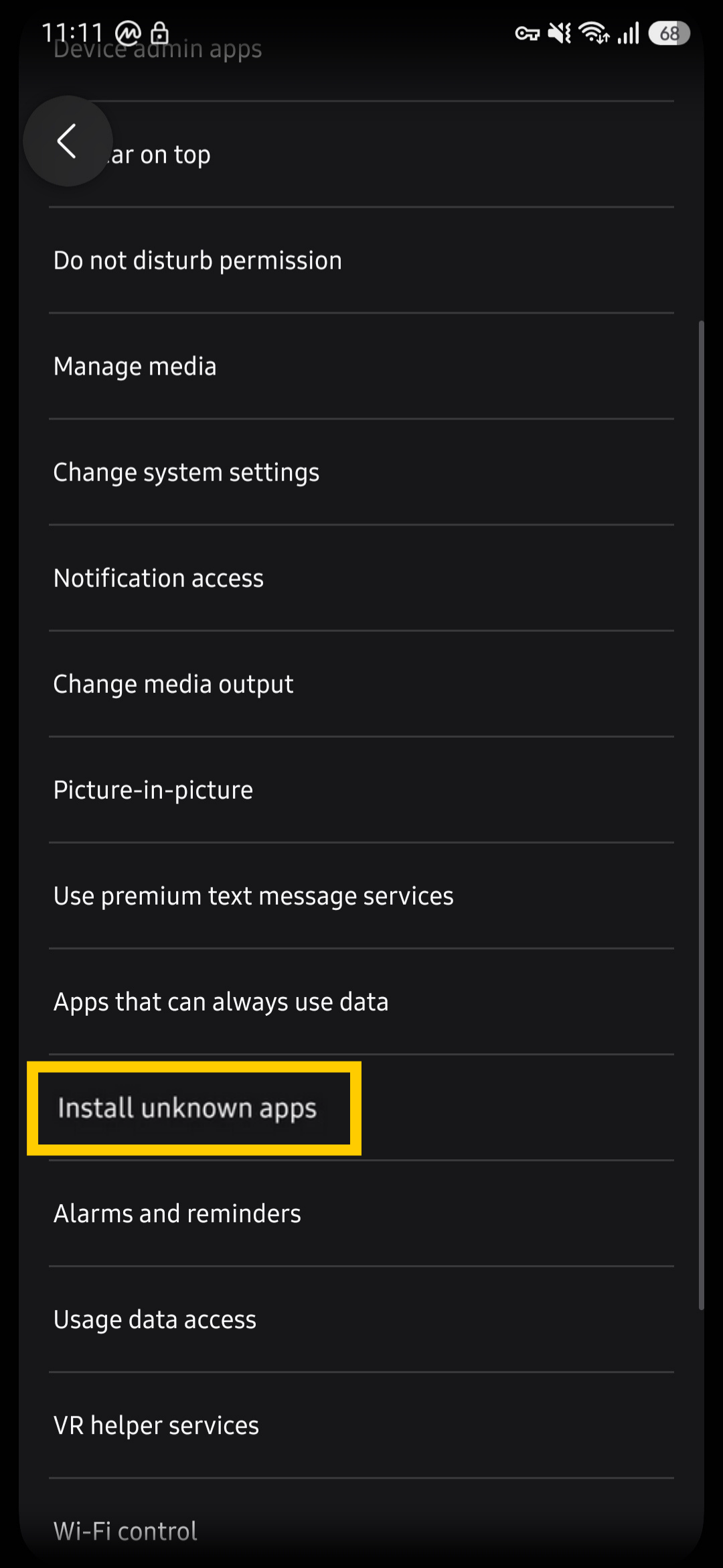 Android app settings showing the "Install unknown apps" option highlighted.