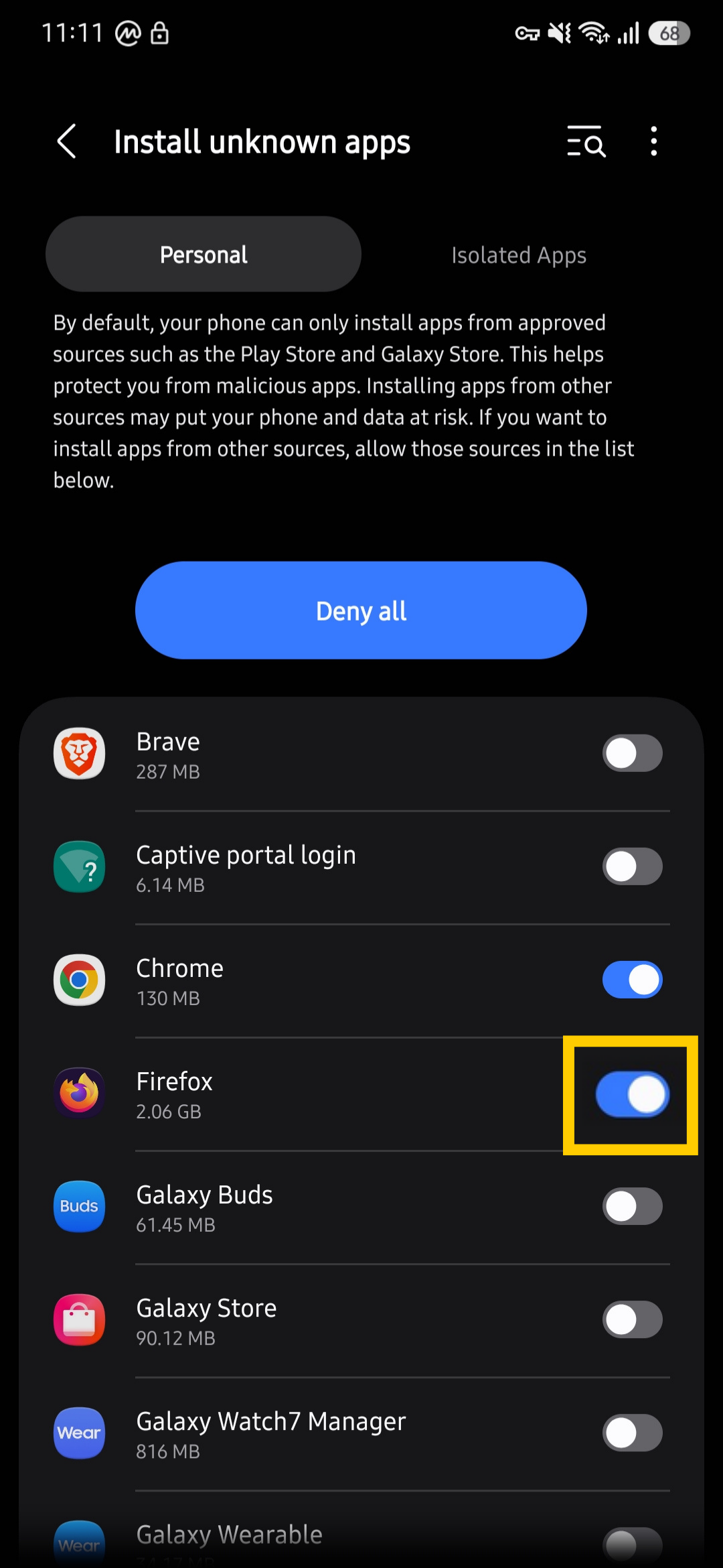 Android app settings showing the Firefox checkbox enabled for installing unknown apps.