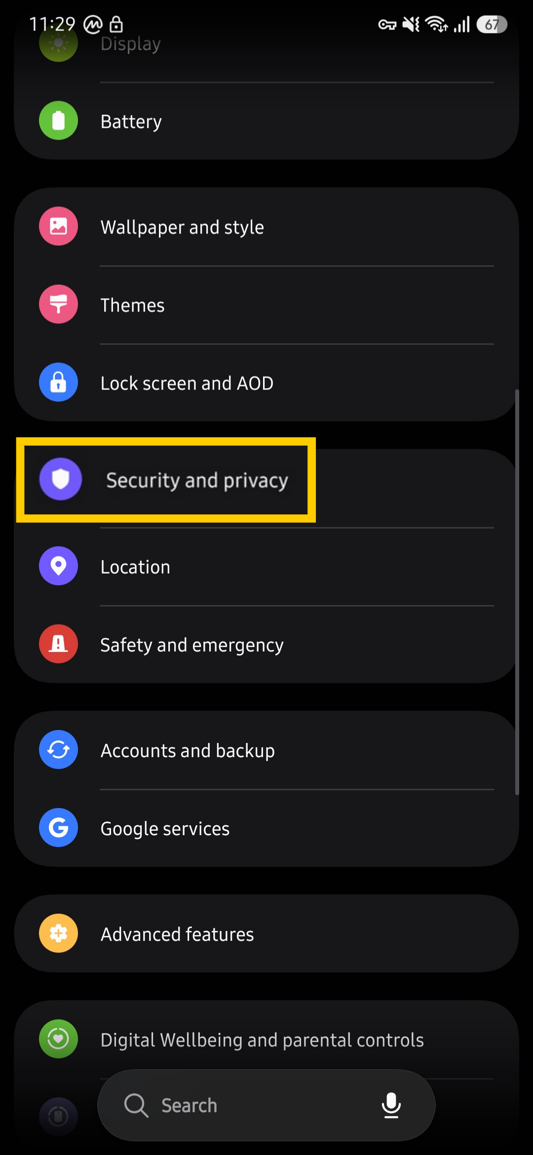Android settings showing the "Security and privacy" option highlighted.
