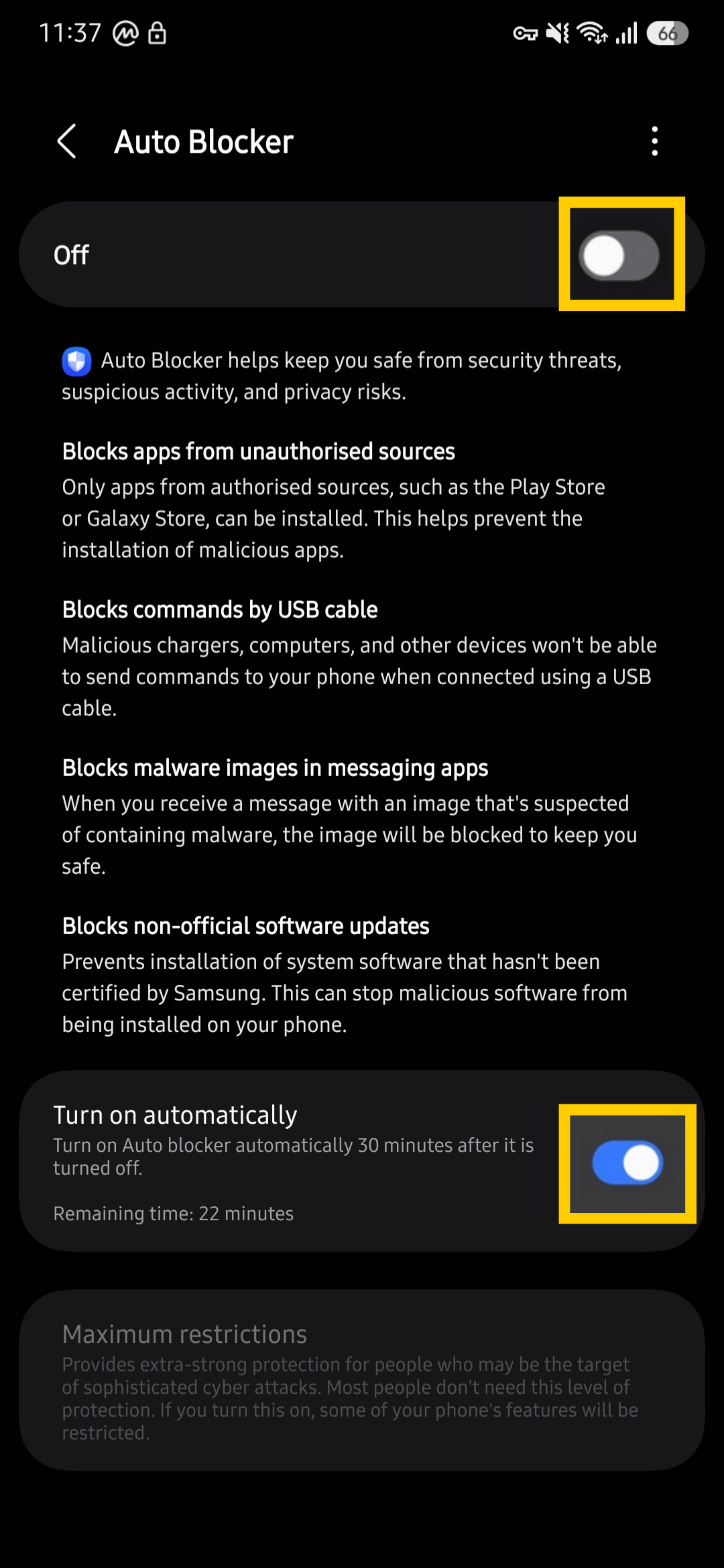 Android settings showing the checkbox for Auto Blocker disabled and the box for "Turn on automatically" enabled.
