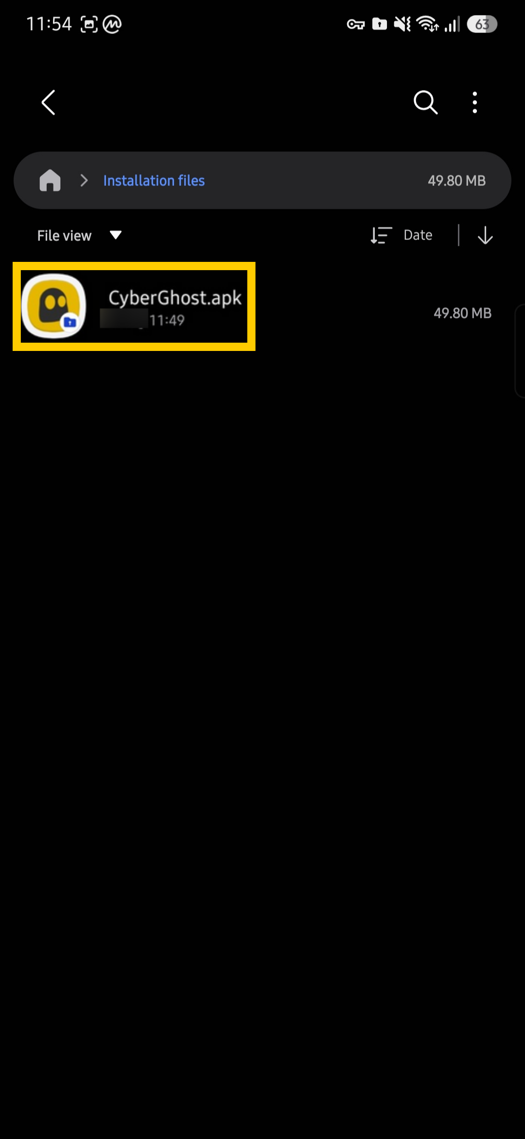 CyberGhost VPN APK file highlighted on Android.
