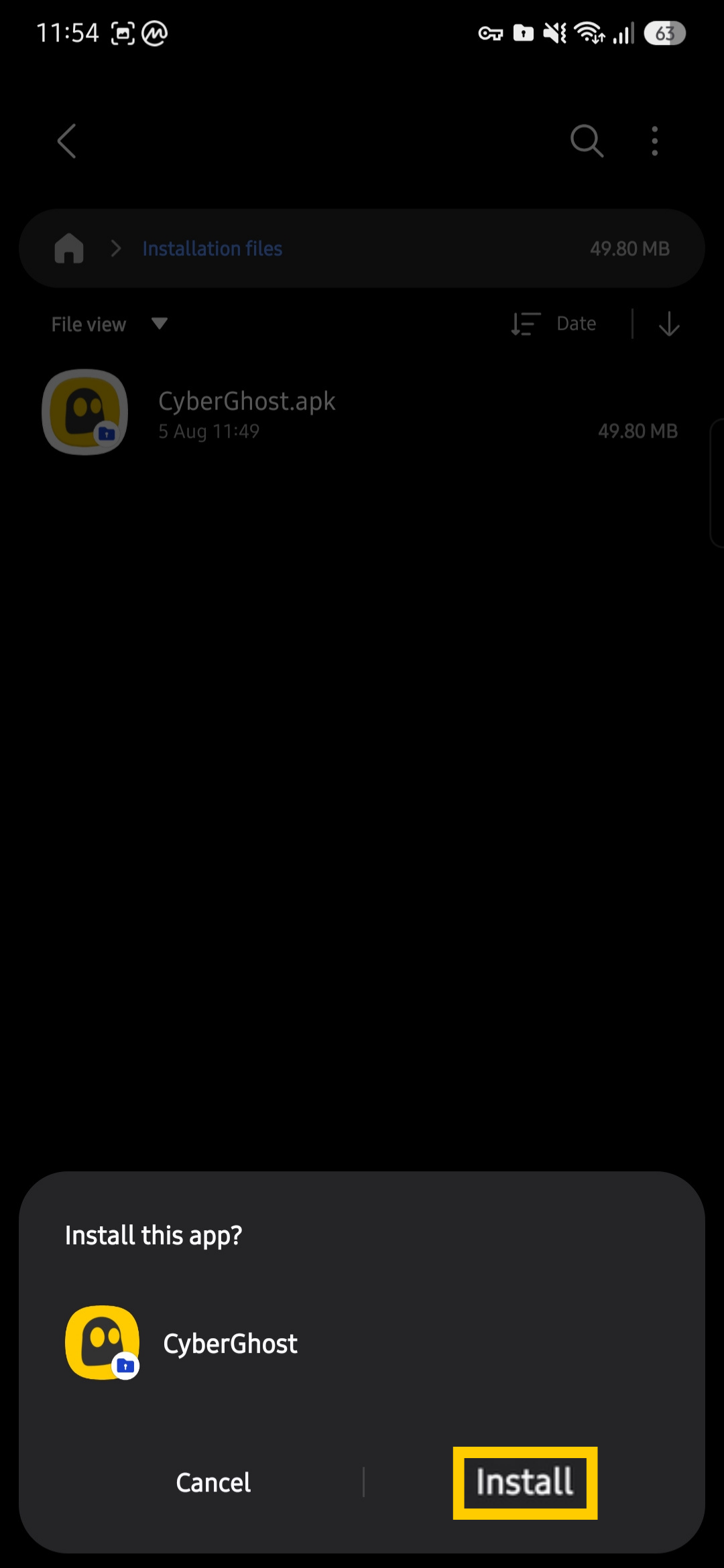 "Install" button highlighted for the CyberGhost APK file.