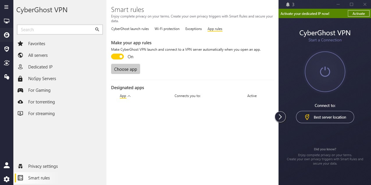 CyberGhost VPN – Einstellungen unter „Smart Rules“ – Tab „App-Regeln“.