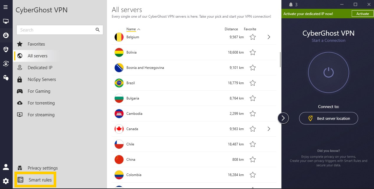 Die App von CyberGhost VPN mit hervorgehobener Funktion „Smart Rules“.