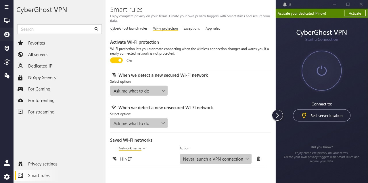 CyberGhost VPN – Einstellungen unter „Smart Rules“ – Tab „WLAN-Schutz“.