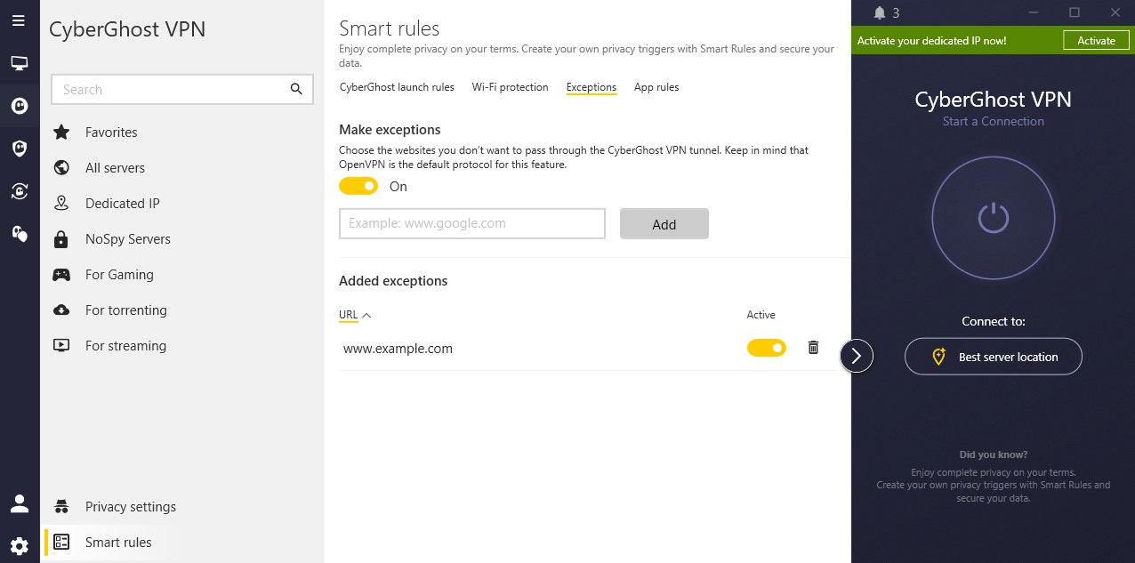 CyberGhost VPN – Einstellungen für „Smart Rules“ – Tab „Ausnahmen“.