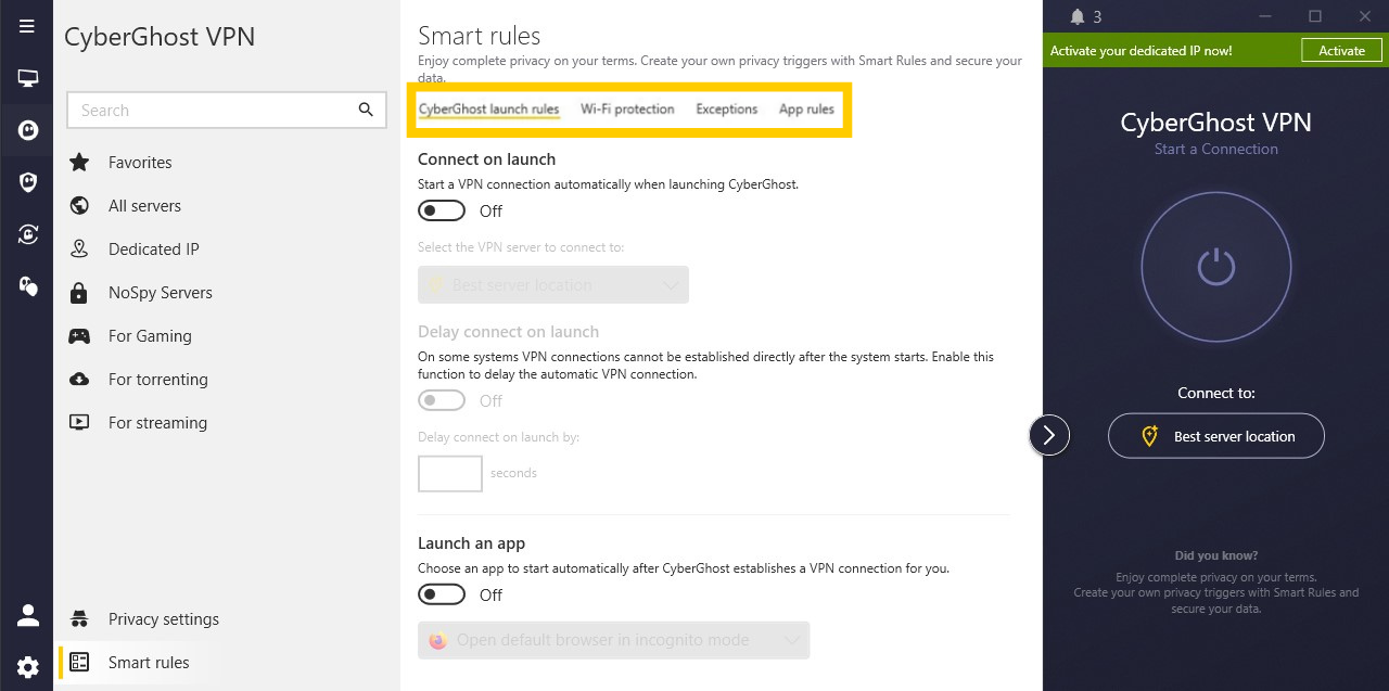 Paramètres Smart Rules de CyberGhost VPN avec les quatre onglets mis en évidence.