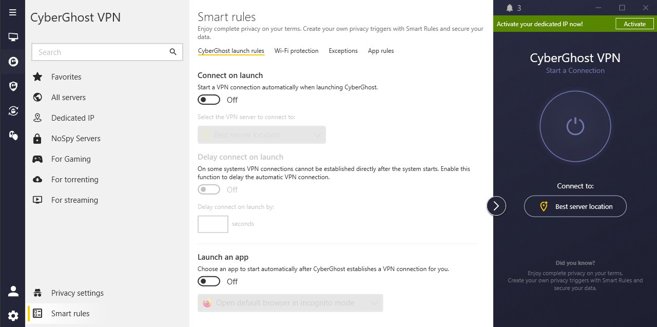 Paramètres Smart Rules de CyberGhost VPN, avec l'onglet Règles de lancement de CyberGhost.