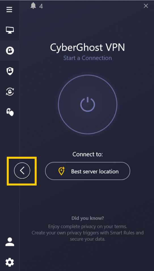 Der Hauptbildschirm der App von CyberGhost VPN für Windows, mit der hervorgehobenen Schaltfläche zum Erweitern.
