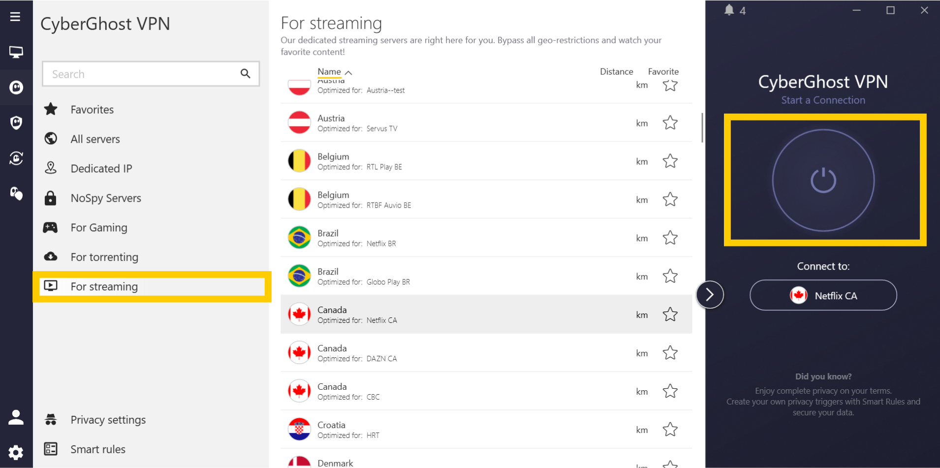 Die erweiterte App von CyberGhost VPN für Windows mit einem hervorgehobenen Tab „Für Streaming“ und hervorgehobener Ein-/Aus-Schaltfläche.