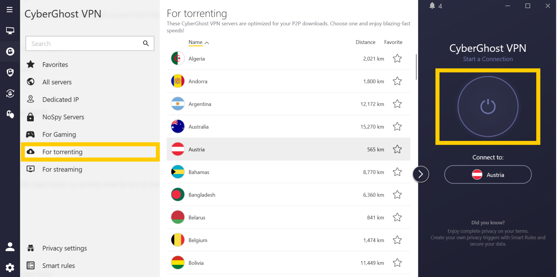 Die erweiterte App von CyberGhost VPN für Windows mit einem hervorgehobenen Tab „Für Torrents“ und hervorgehobener Ein-/Aus-Schaltfläche.