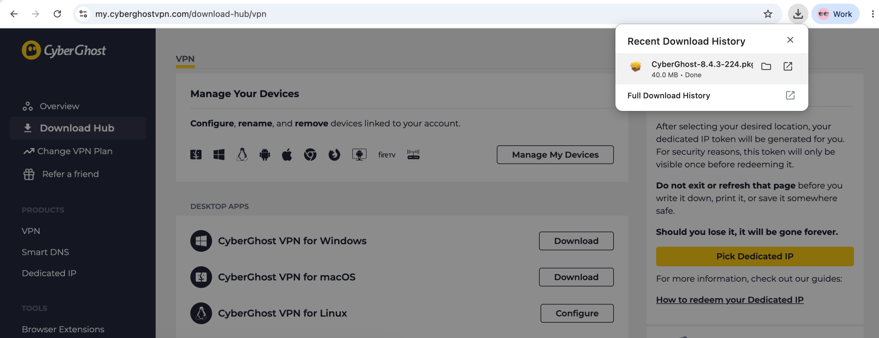 Das heruntergeladene Installationsprogramm von CyberGhost-VPN wird im Download-Verlauf von Chrome auf einem Mac hervorgehoben.