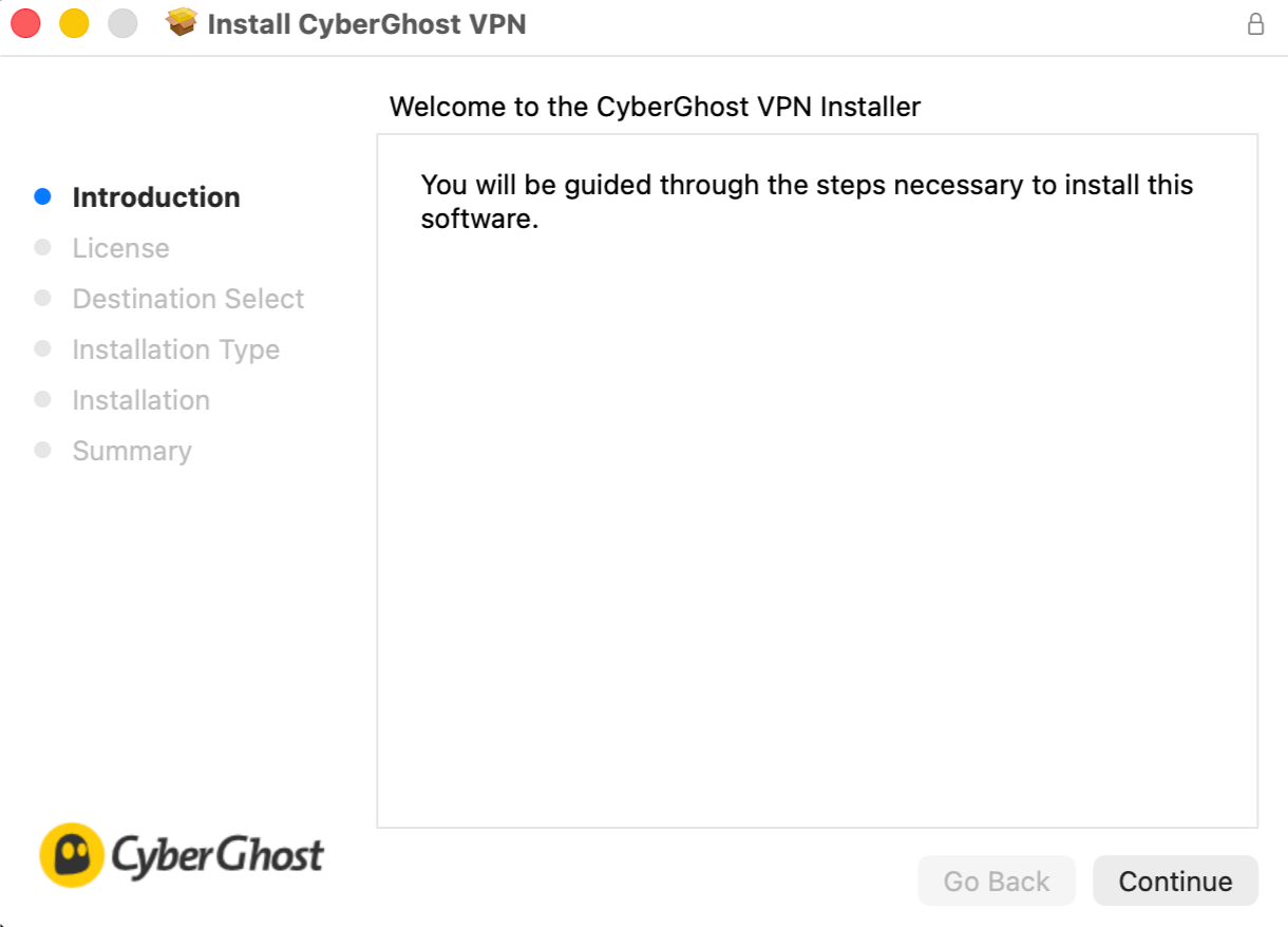 Begrüßungsbildschirm des Installationsprogramms von CyberGhost VPN auf einem Mac.