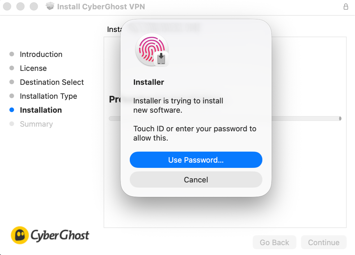 Berechtigungsabfrage von macOS, die eine Anfrage zur Erlaubnis der Installation von CyberGhost VPN enthält.