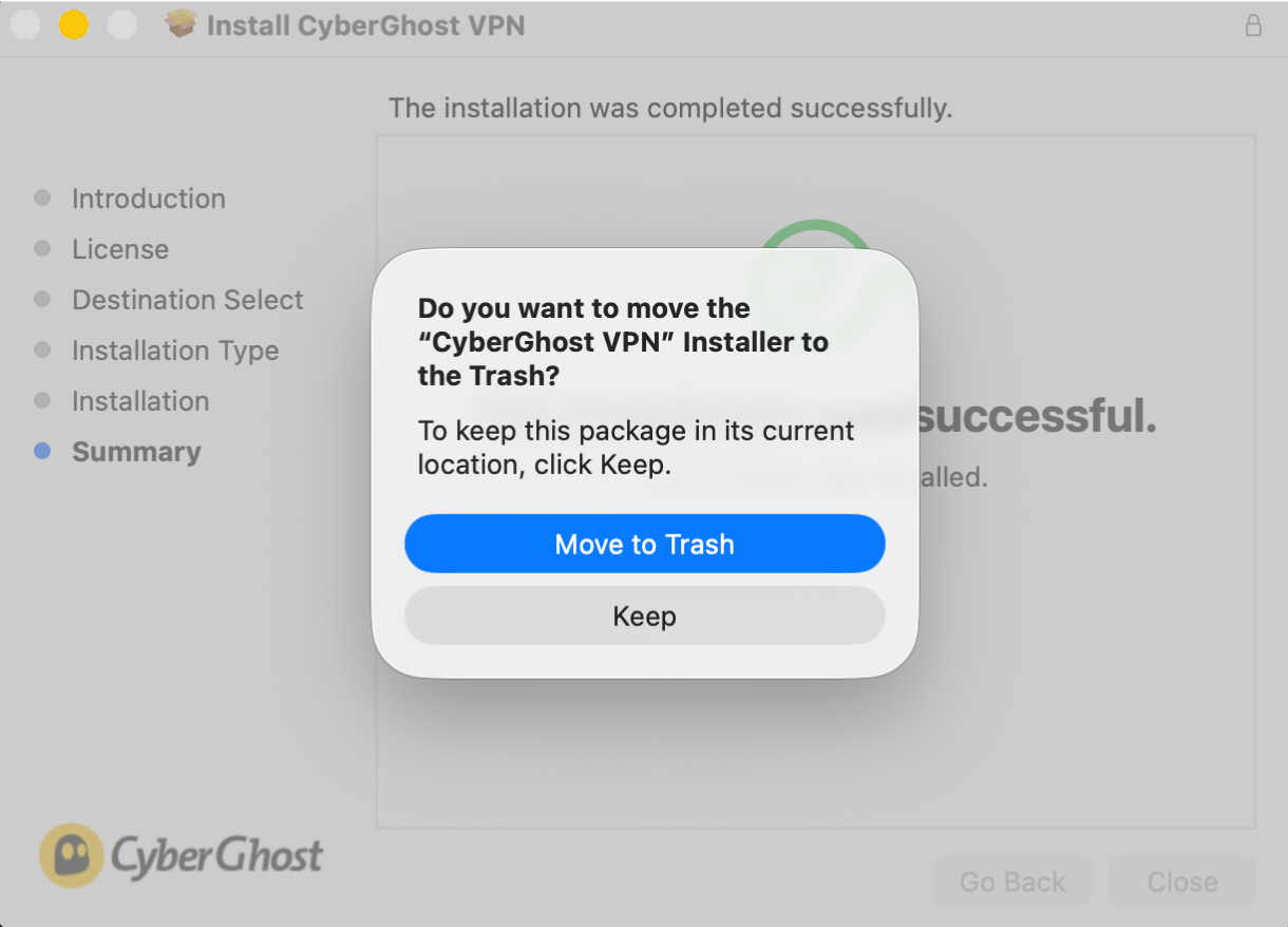 Nach der Installation von CyberGhost VPN auf einem Mac wird die Aufforderung „In den Papierkorb verschieben“ angezeigt.