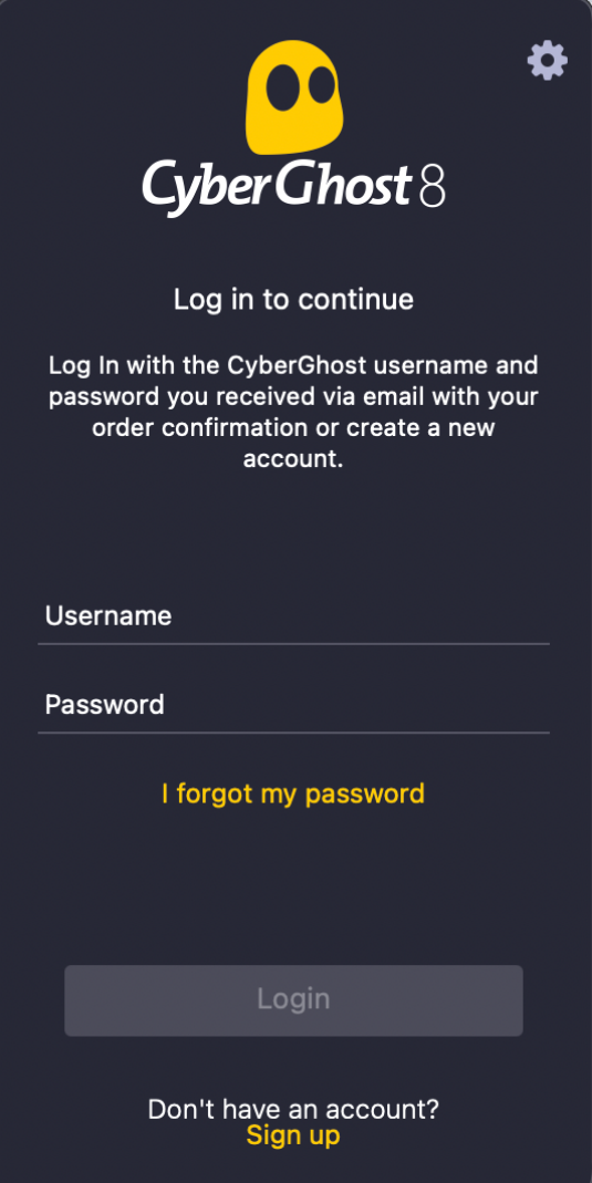 Écran de connexion de CyberGhost VPN sur Mac.