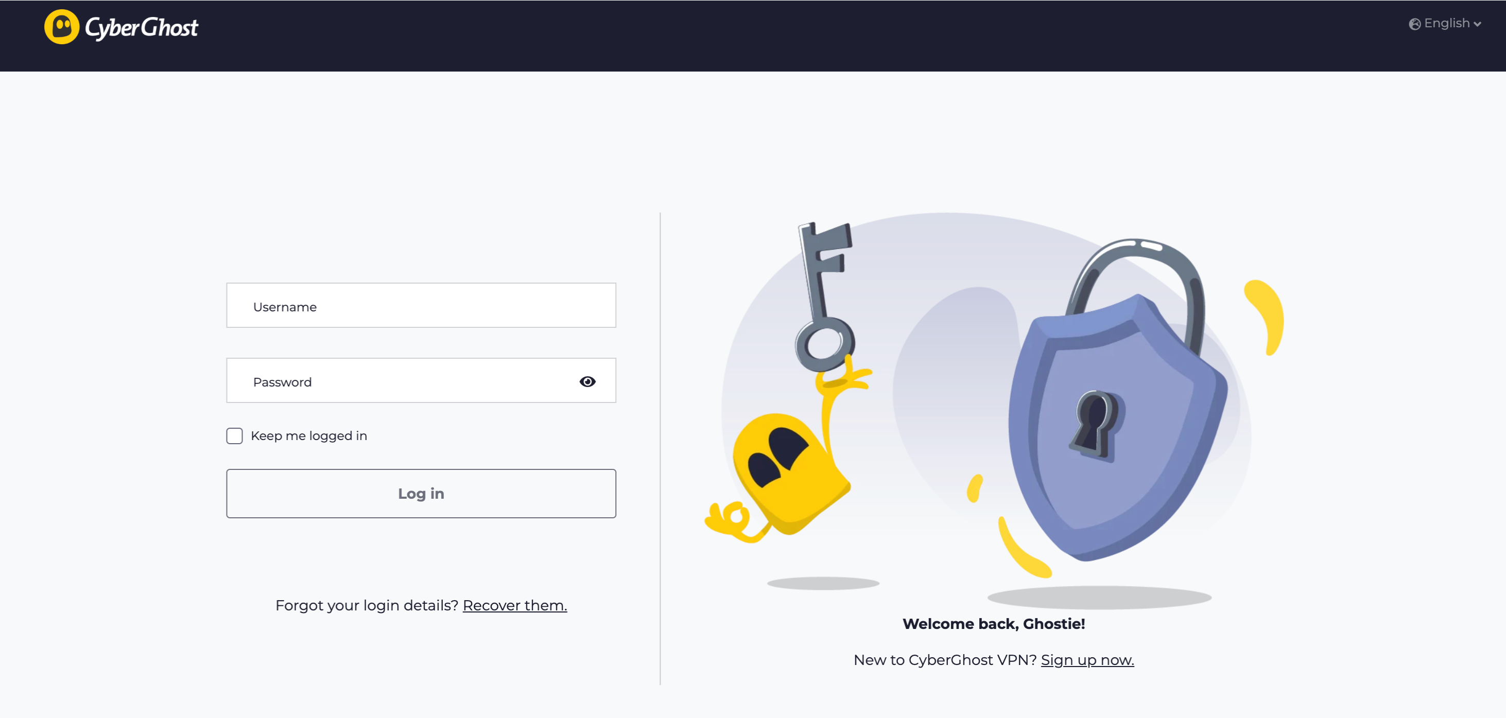 Page de connexion au compte CyberGhost sur le site web.