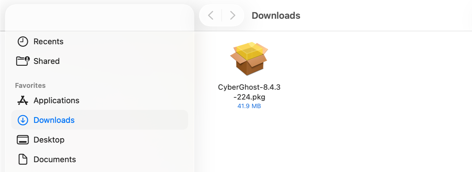 Package d'installation de CyberGhost VPN dans le dossier Téléchargements sur un Mac.