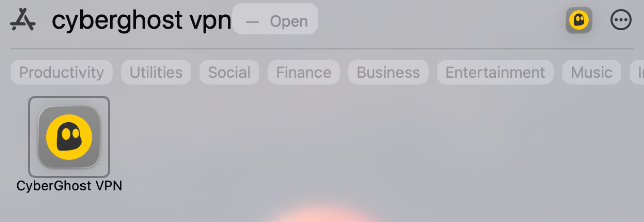 Application CyberGhost VPN affichée dans les résultats de recherche macOS.