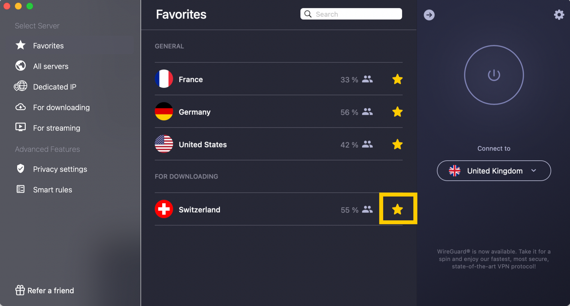  Section Favoris avec les serveurs CyberGhost VPN enregistrés sur Mac.