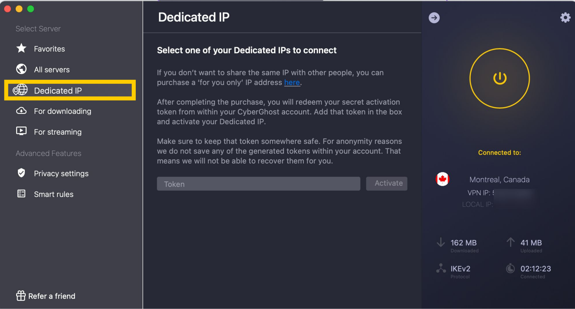 Menu de l'application CyberGhost pour Mac avec l'option IP dédiée mise en évidence.