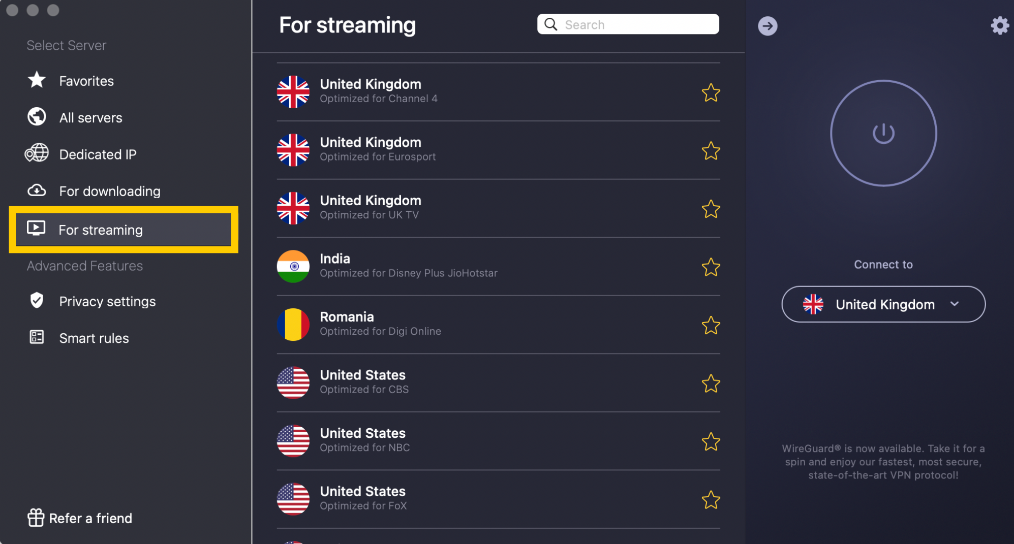 Catégorie Pour le streaming sélectionnée dans la liste des serveurs de l'application CyberGhost pour Mac