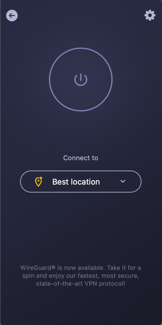 Startbildschirm der App von CyberGhost VPN für Mac, auf dem der Server „Bester Standort“ ausgewählt ist.