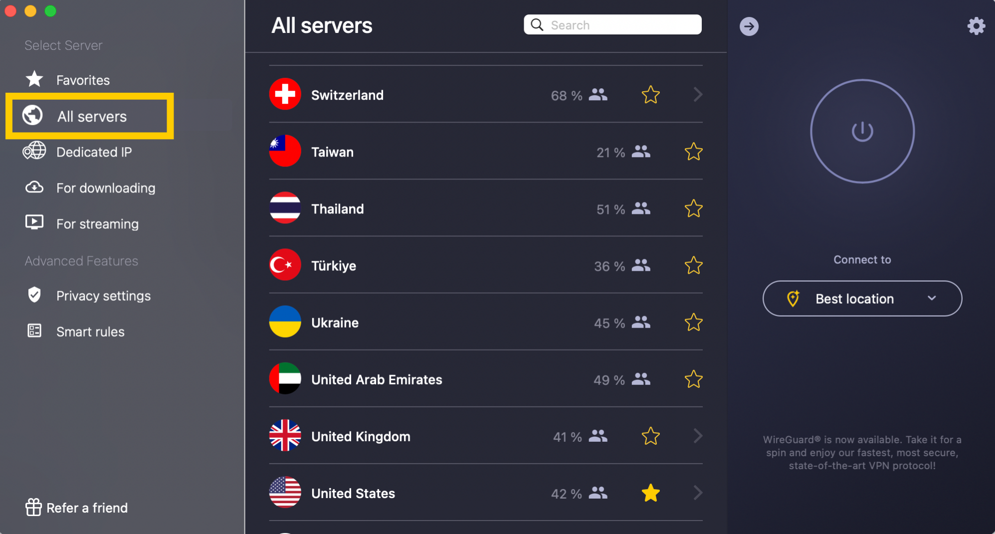 In der App von CyberGhost VPN für Mac wurde die Kategorie „Alle Server“ ausgewählt.