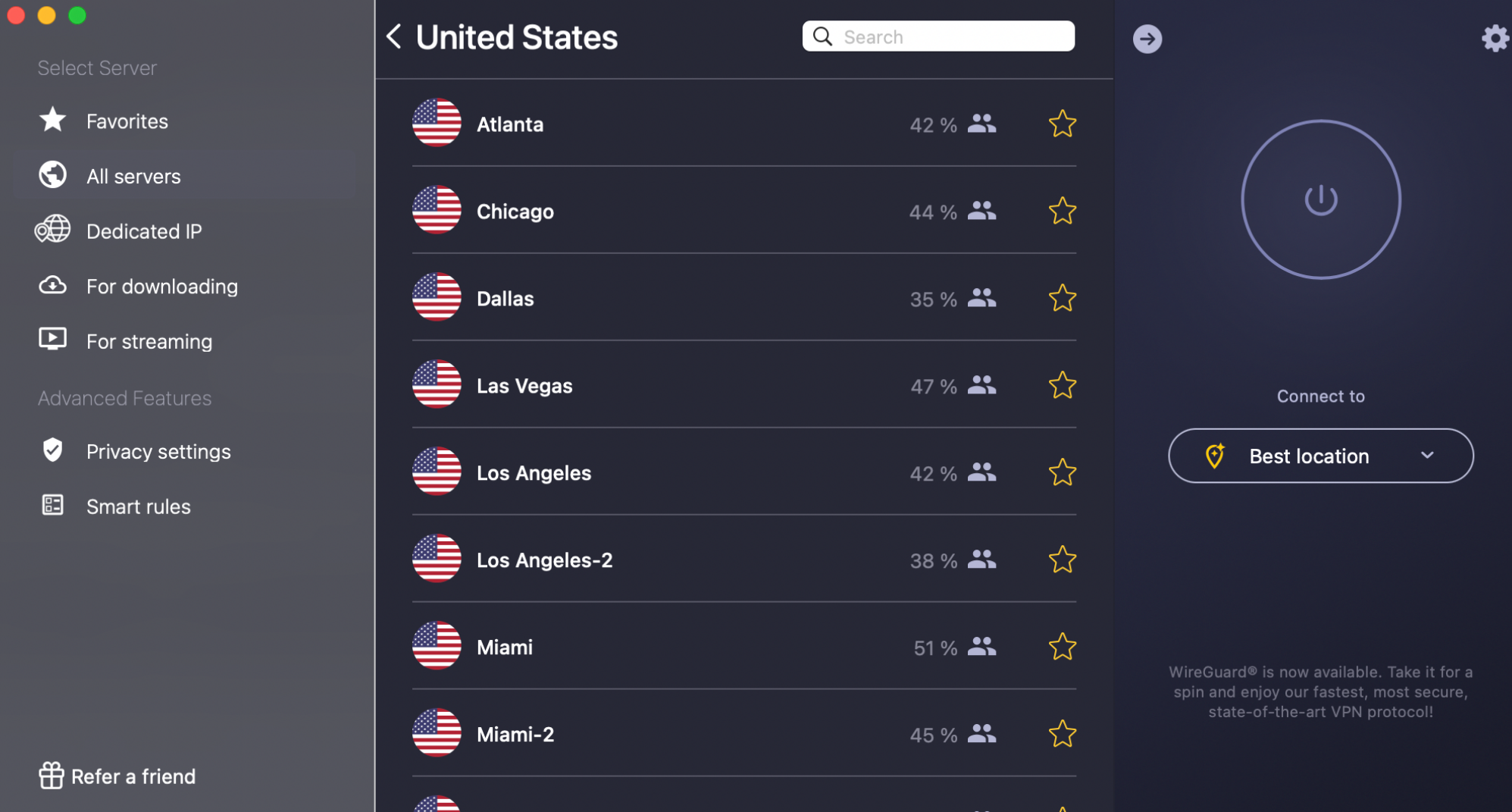 Serverliste für die USA mit den verfügbaren Serverstandorten.